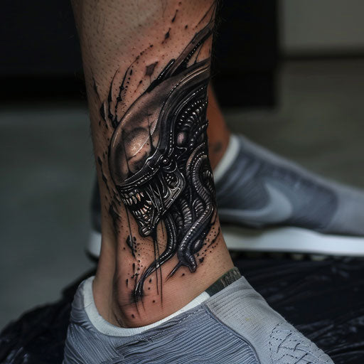 Ankle tattoos in the style of J.P. Targete with a futuristic alien design