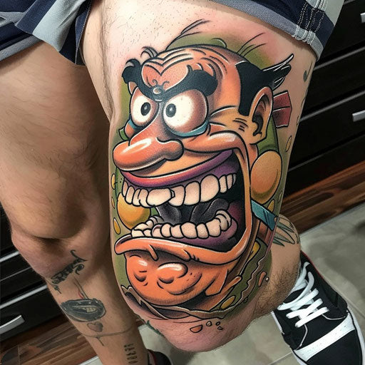 Knee tattoos in the style of Steve Sack featuring humorous caricatures