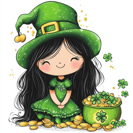 Sweet green-clad girl with Irish hat near pot of gold coins