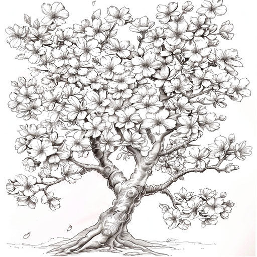 Illustration of a cherry blossom tree in full bloom. Coloring book page