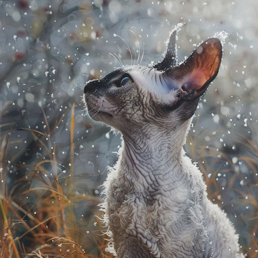Cornish rex cat in a field during snowfall