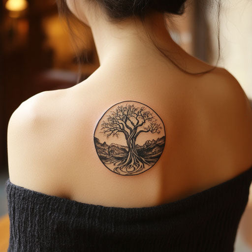 Daughter tattooed with tree of life symbol on shoulder blade