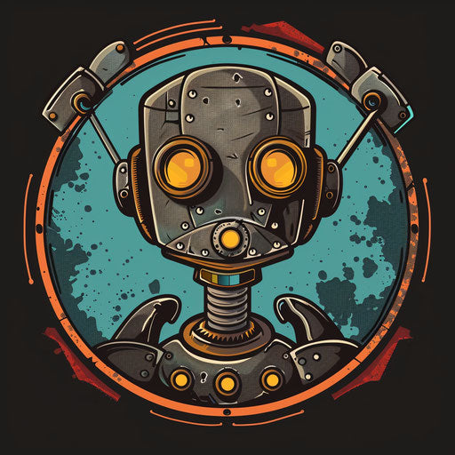 Cartoon logo with robot theme featuring metallic colors