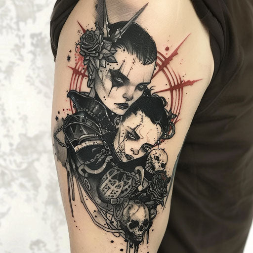 Mother son tattoos with gothic elements, Gerald Brom style