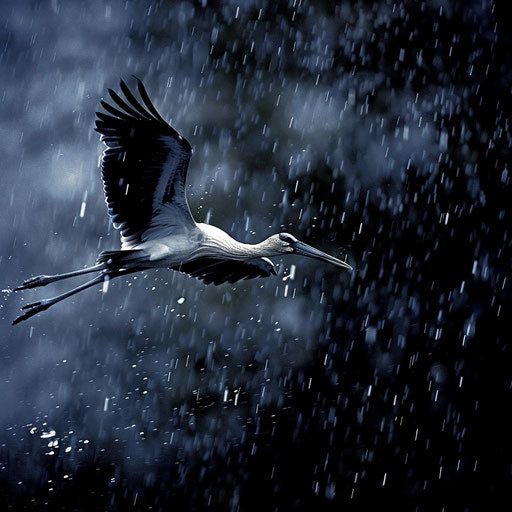 Flight of a white heron in heavy rain