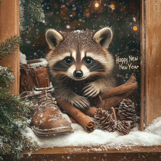 Raccoon in a Christmas window with snow and boots