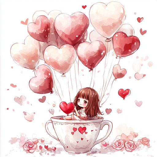 Adorable girl in a coffee cup, holding heart-shaped balloons