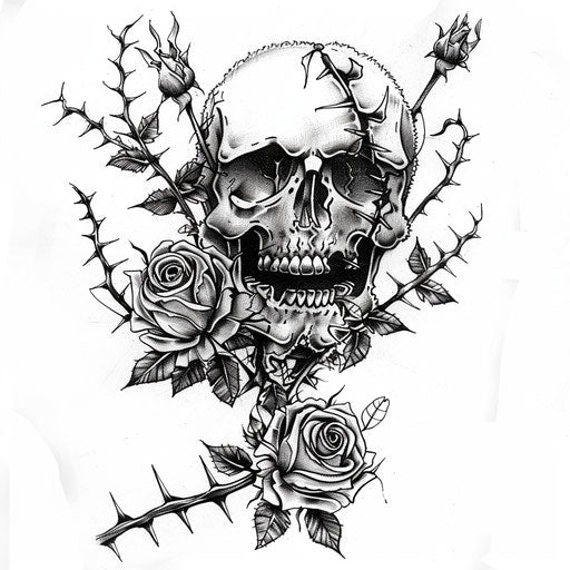 Skull with roses and thorny vines