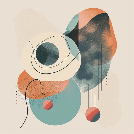 Clipart shapes in photorealistic style with flat random background, vintage filter, and delicate lines