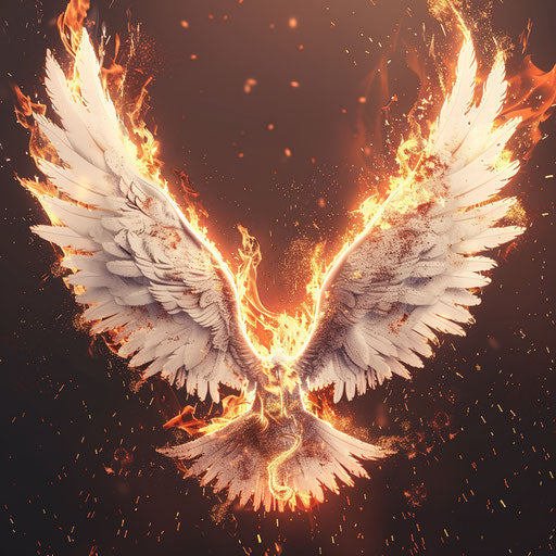 Fire clipart in photorealistic style with flat random background, monochrome palette and detailed wings
