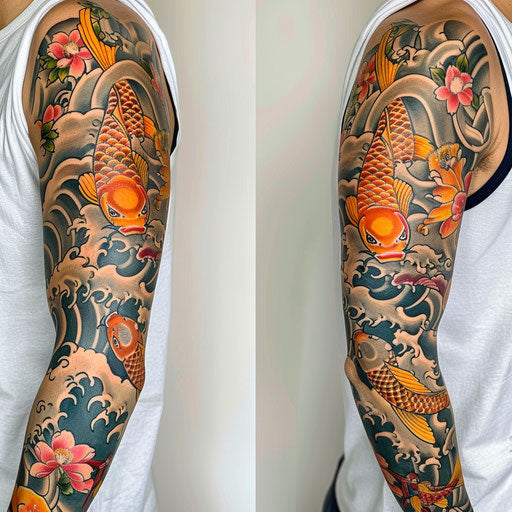 Japanese koi fish and waves sleeve tattoo, Ami James style