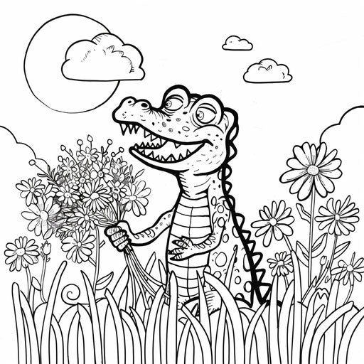 A whimsical alligator holding a bouquet of flowers in a sunny meadow