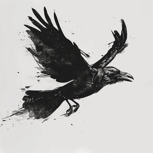 Dynamic flat tattoo sketch of a black flag transforming into a raven in flight