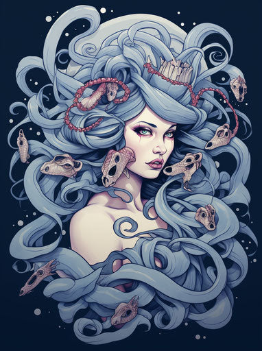 Two medusa tattoos on the head, colored cartoon style