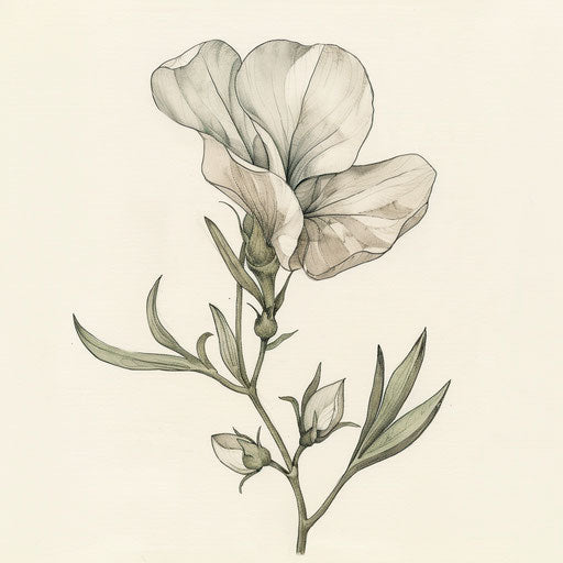 Rustic folk art inspired tattoo sketch of a sweet pea with earthy tones and simple, charming details