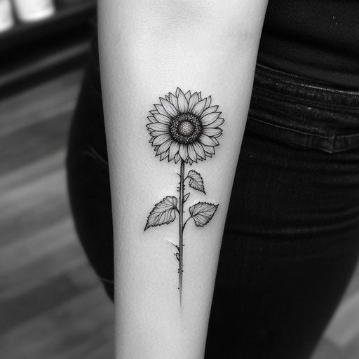 Small sunflower tattoo with sharp, angular lines and mechanical touch