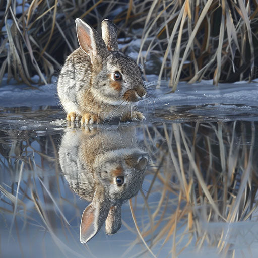 Cautious approach of a rabbit to a frozen pond, its reflection mirrored in the ice