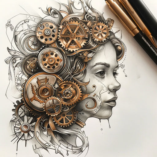 Steampunk inspired tattoo sketch of Aphrodite with cogs and gears in bronze and copper tones
