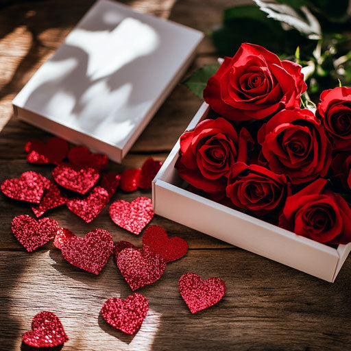 Bouquet of red roses and shiny papers on wooden table