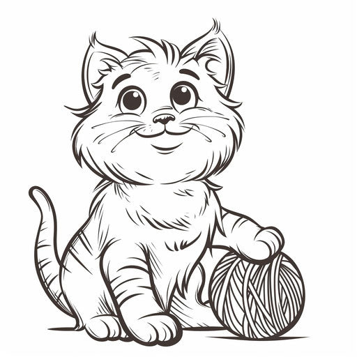 A cartoon cat sitting with a ball of yarn