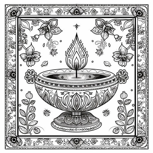 Elaborate Diya lamp with floral designs, coloring book page