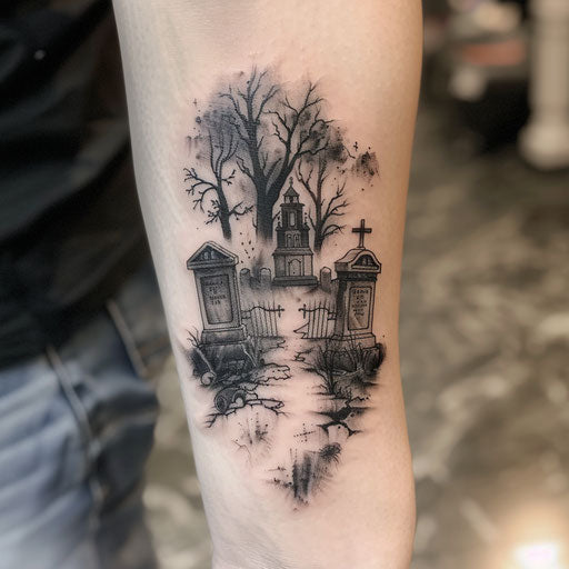 Eerie graveyard scene with tombstones and fog