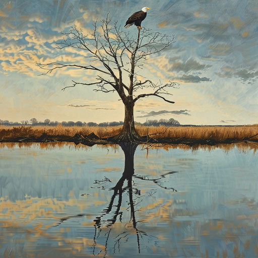 Bald eagle on lonely tree in wetland with stunning reflection