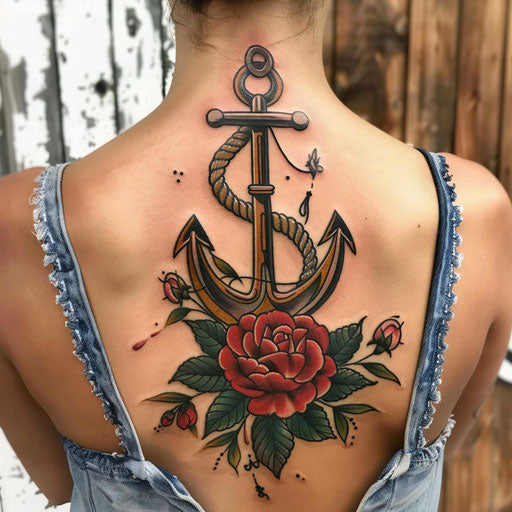 Anchor and rose for classic back tattoo for women