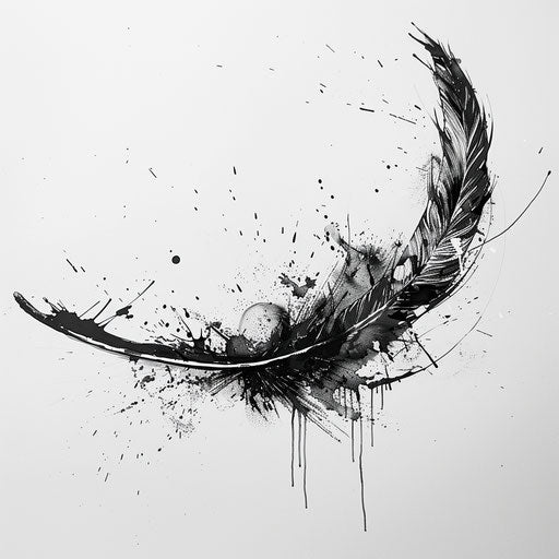 Feather quill tattoo with ink droplets monochrome