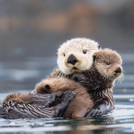 A sea otter mother teaching her pup in the calm waters of a protected cove, a symbol of life and ecological balance.