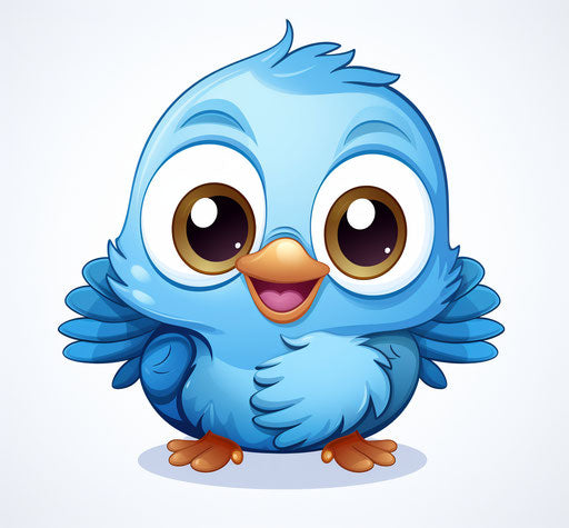 Cartoon bird on transparent background in light blue and yellow, exaggerated facial features