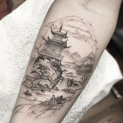 Elegant tattoo sketch of an oriental landscape