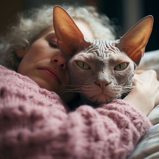 Devon rex cat sleeping on a couch with its owner
