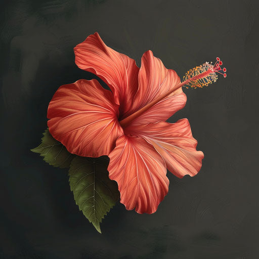 Hibiscus clipart rendered in a realistic style on a flat, dark charcoal background, accentuating dramatic contrast and intricate detail