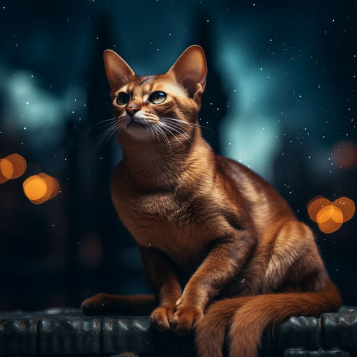 Abyssinian cat lying outside at night