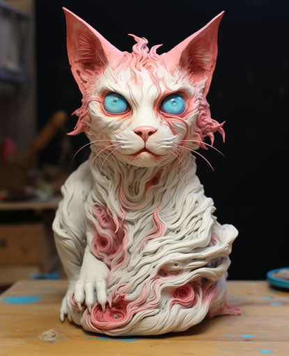 White cat with large blue eyes on a wooden counter