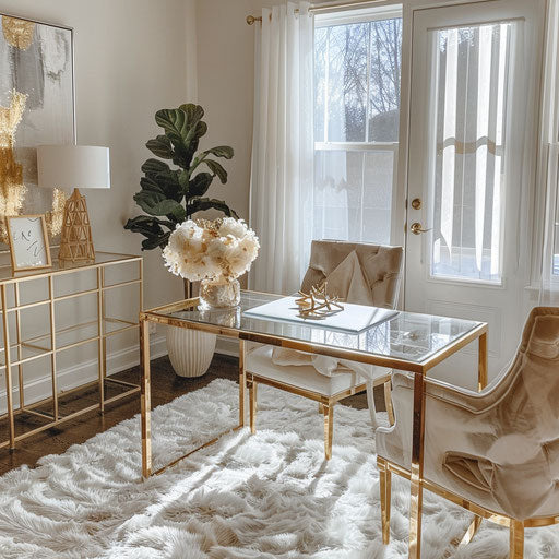 Stylish home office with gold accents and luxurious textiles