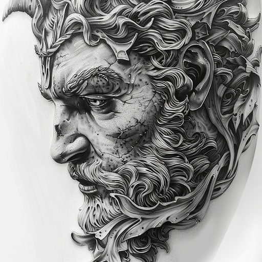 Hyperrealistic tattoo of Hades' face on white background