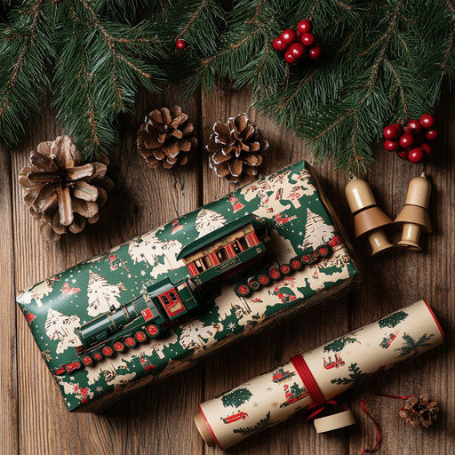 Vintage toy train set, Christmas present wrapped by wooden decor