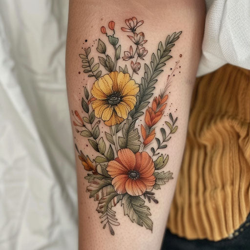 Wildflower tattoo with feathers, earthy colors, bohemian vibe, soft details