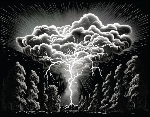 Black and white lightning cloud with flashes of design