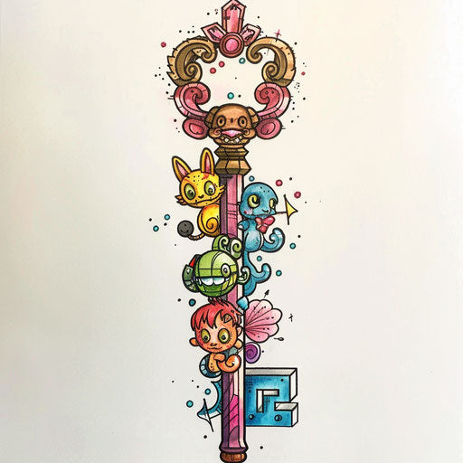 Whimsical tattoo sketch of a key with cartoon animal charms, in bright, lively colors