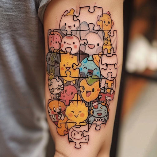 Whimsical puzzle piece tattoo with cartoon characters