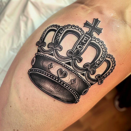 Traditional king crown tattoo in black ink on white background