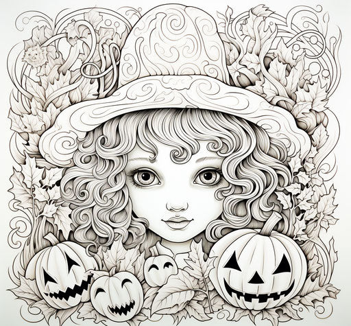 Printable Halloween coloring pages, playful line style, pictorial, magic realism, stencils 29:27
