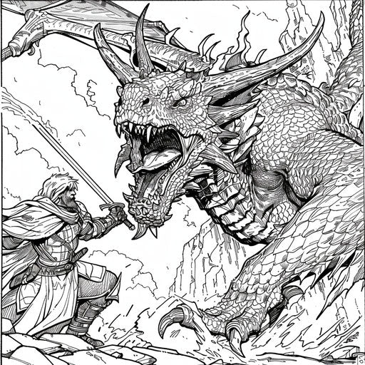 Epic dragon battling a warrior in the style of Mark Schultz Coloring book page