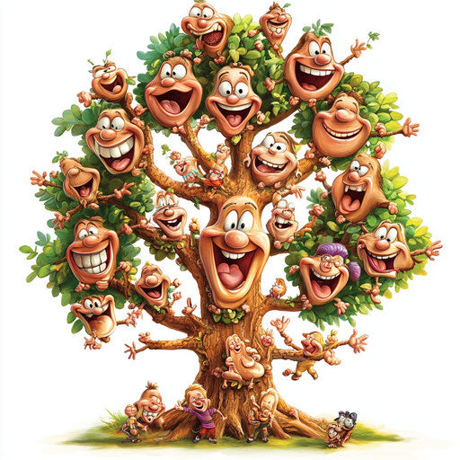 Caricature of a family tree with human characteristics