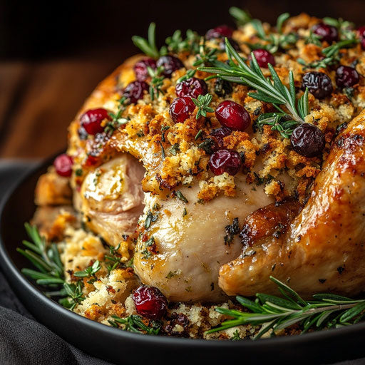 Stuffed turkey with herbs and breadcrumbs, garnished with rosemary and cranberries