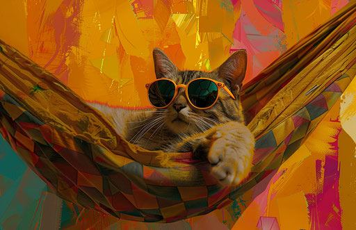 A cat in a yellow hammock with sunglasses
