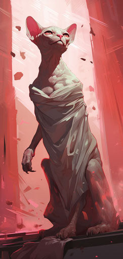 A sphynx cat sitting on a red carpet, disfigured forms